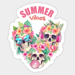 Three Tropical skull head with sunglasses,bubble gum balloon and headphones, leaves and flowers Sticker